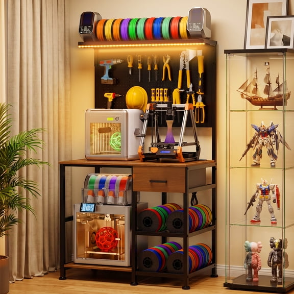 The Sanctuary 3D Printer Stand with Filament Storage Workstation, Built-In Charging Station, For Office, Black and Brown