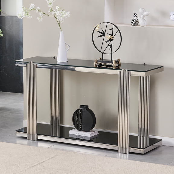 The Sanctuary 55.00 Inch Mirrored Console Table, Scratch-Resistant Surface, For Living Room Entryway Hallway, Black and Silver
