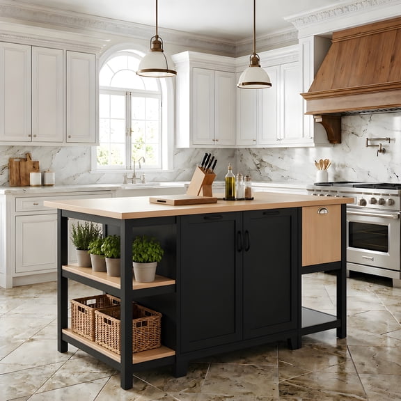 The Sanctuary 58" Freestanding Kitchen Island, Soft-Close Design, Accent Table, For Dining Room Kitchen, Black and Natural