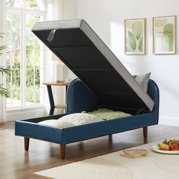 The Sanctuary 65" Storage Chaise Lounge Sofa Navy Blue PU and Light Gray Velvet, Easy Assembly, For Indoor Spaces, Minimalist Style