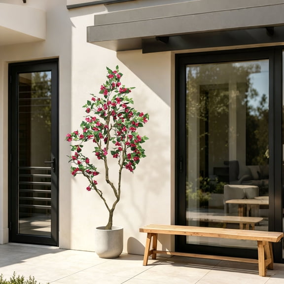 The Sanctuary 7ft Artificial Bougainvillea Tree with Realistic Rose Red Silk Flowers, Tall Faux Flowering Plant in Pot for Indoor Outdoor Home
