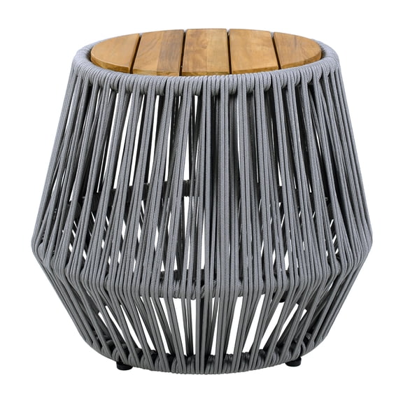 The Sanctuary Acacia Wood Side Table with Gray Rope Base - Natural Teak Finish, Weather-Resistant Build, For Living Room Entryway Patio, Gray, Teak