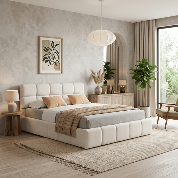 The Sanctuary Elegant Beige Chenille Upholstered Bed with Checkerboard Design, For Bedroom, Timeless Style, Everyday Style