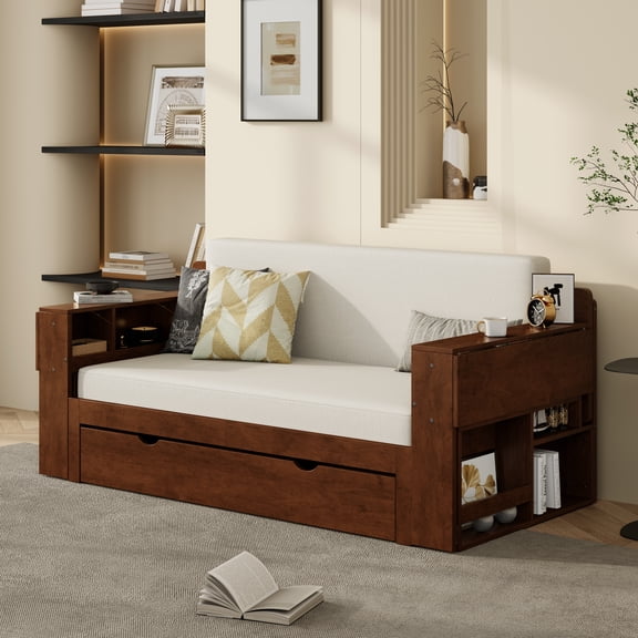 The Sanctuary Full Size Daybed with Removable Desk, Extendable Design, Sofa Bed, For Home Office Guest Room Apartment, In Espresso