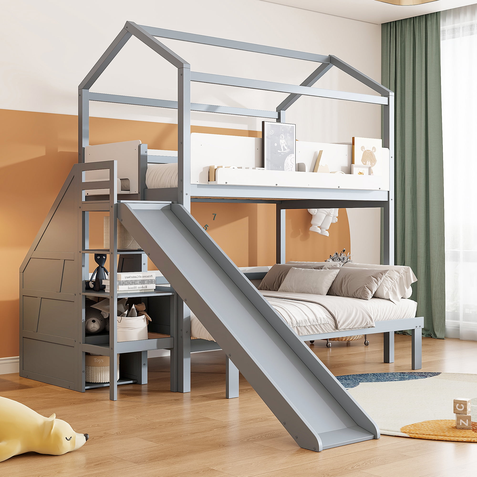 The Sanctuary House-Shaped Wooden Bunk Bed with Slide & Storage