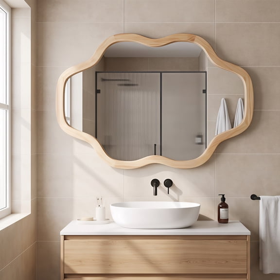 The Sanctuary Natural Wood Color 24"x36" Cloud Shape Solid Wood Franme Decorative Mirror, For Living Room Bedroom Dining Room