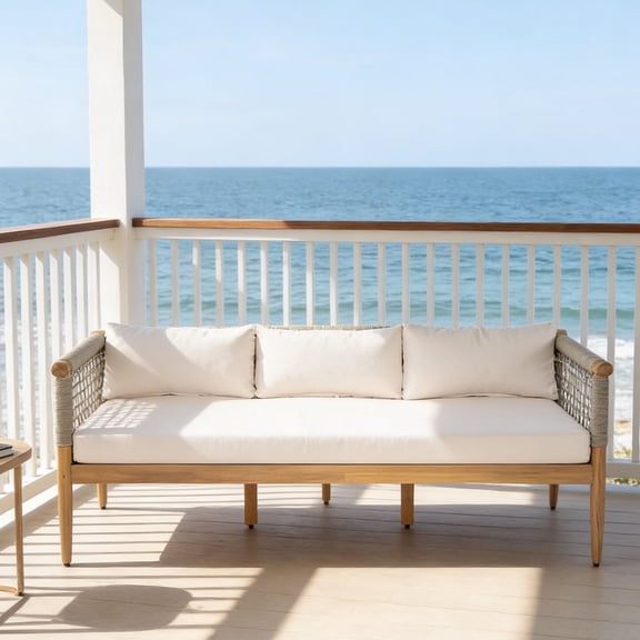 The Sanctuary Outdoor Acacia Wood 3-Seater Sofa with Rope Woven Arms and Beige Cushions, Removable Cover, For Patio Garden Balcony, Beige, Light Teak