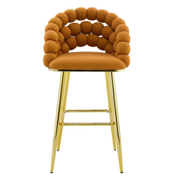 The Sanctuary Set of 2 Orange Puffy Bubble Chair Ball Chain Chair Velvet Bar Stools with Gold Legs, Tufted Detailing, For Kitchen, In Gold, Orange