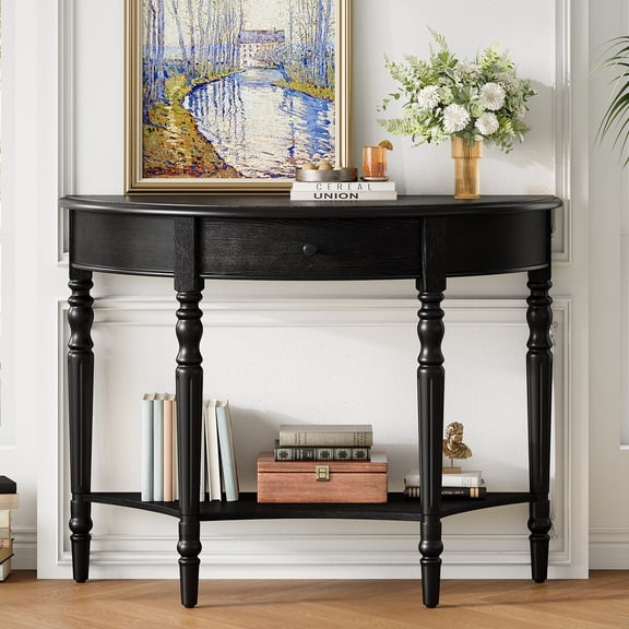The Sanctuary Trexm Farmhouse Half Moon Console Table with Drawer & Shelf - Rustic Accent Table, Assembly Required, For Living Room Entryway Foyer