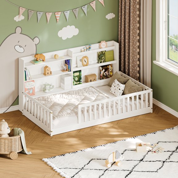 The Sanctuary Twin Montessori Floor Bed with Bookshelf & Safety Rails, Assembly Required, For Bedroom Reading Nook, In White