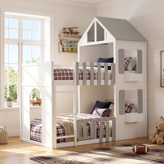 The Sanctuary Twin Over Twin House Bunk Bed Space-Saving Bedroom Furniture for Home, Easy Assembly, For Bedroom Guest Room Apartment, Gray