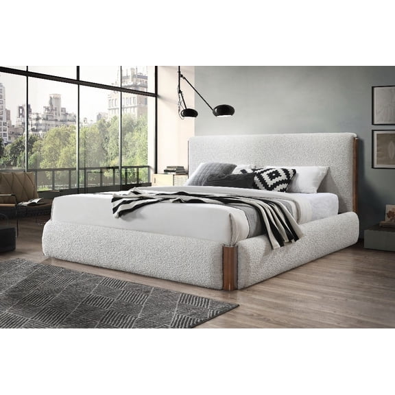 The Sandro White Boucle & Walnut Finish EK Bed - Padded with Foam for Added Comfort