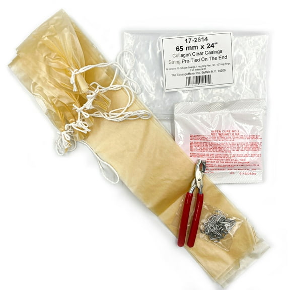 The Sausage Maker - 65mm (2 1/2") x 24" Collagen Casing Kit - Includes Sausage Casings, Pliers, Hog Rings and Insta Cure #1