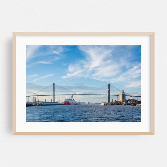 The Savannah River - Savannah Georgia Photography Bridge Harbor Boat Cityscape Landscape Travel Poster Oak Framed Wall Art Print 5 x 7 inches
