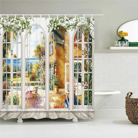 The Scenery Outside the Window Fabric Shower Curtain Bathroom Curtains Natural Rural landscape Bath Screen Decor with 12