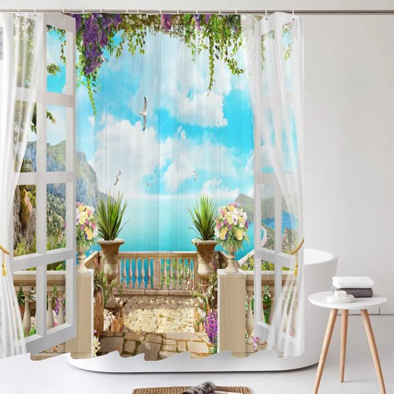 The Scenery Outside the Window Fabric Shower Curtain Bathroom Curtains Natural Rural landscape Bath Screen Decor with 12