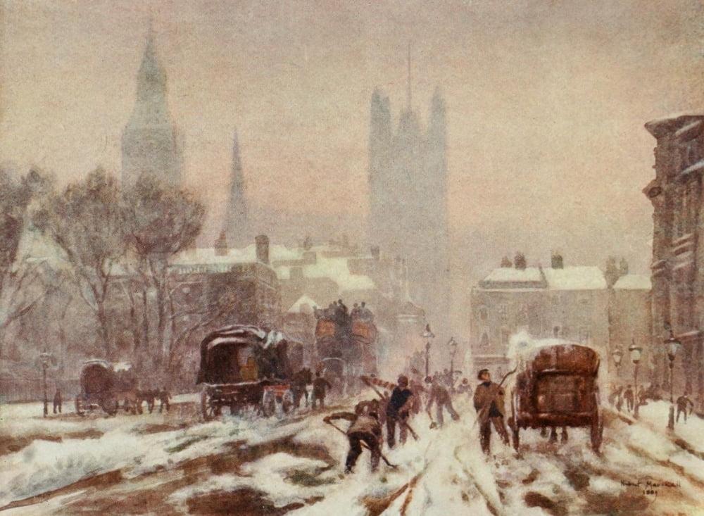 The Scenery of London 1905 Snow in Whitehall Canvas Art - Herbert Marshall (18 x 24)