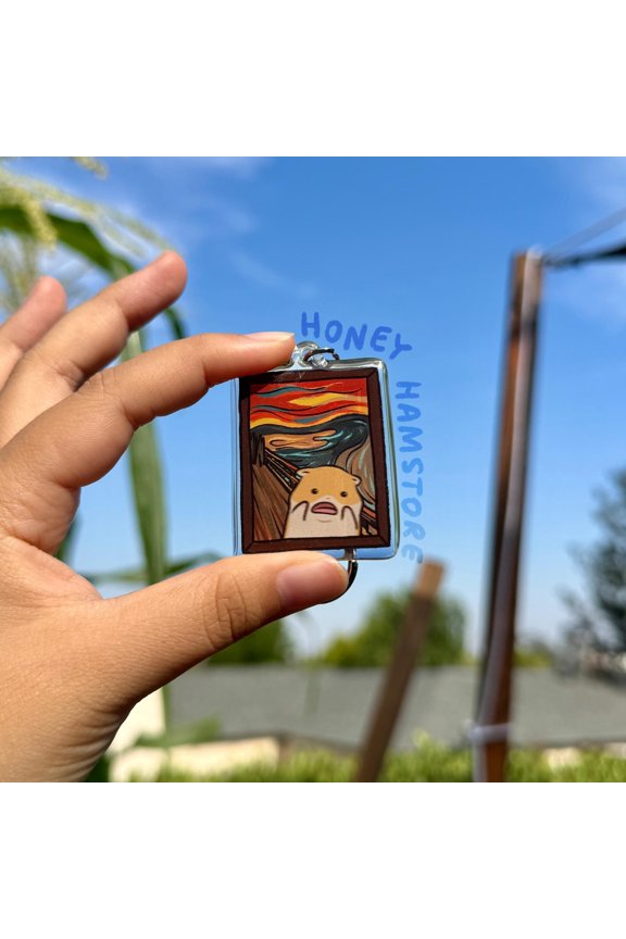 The Scream Hamster Painting Clear Acrylic Keychain | Cartoon Illustration Art Style Double-Sided Epoxy Charm | Cute Kawaii Funny | Gift