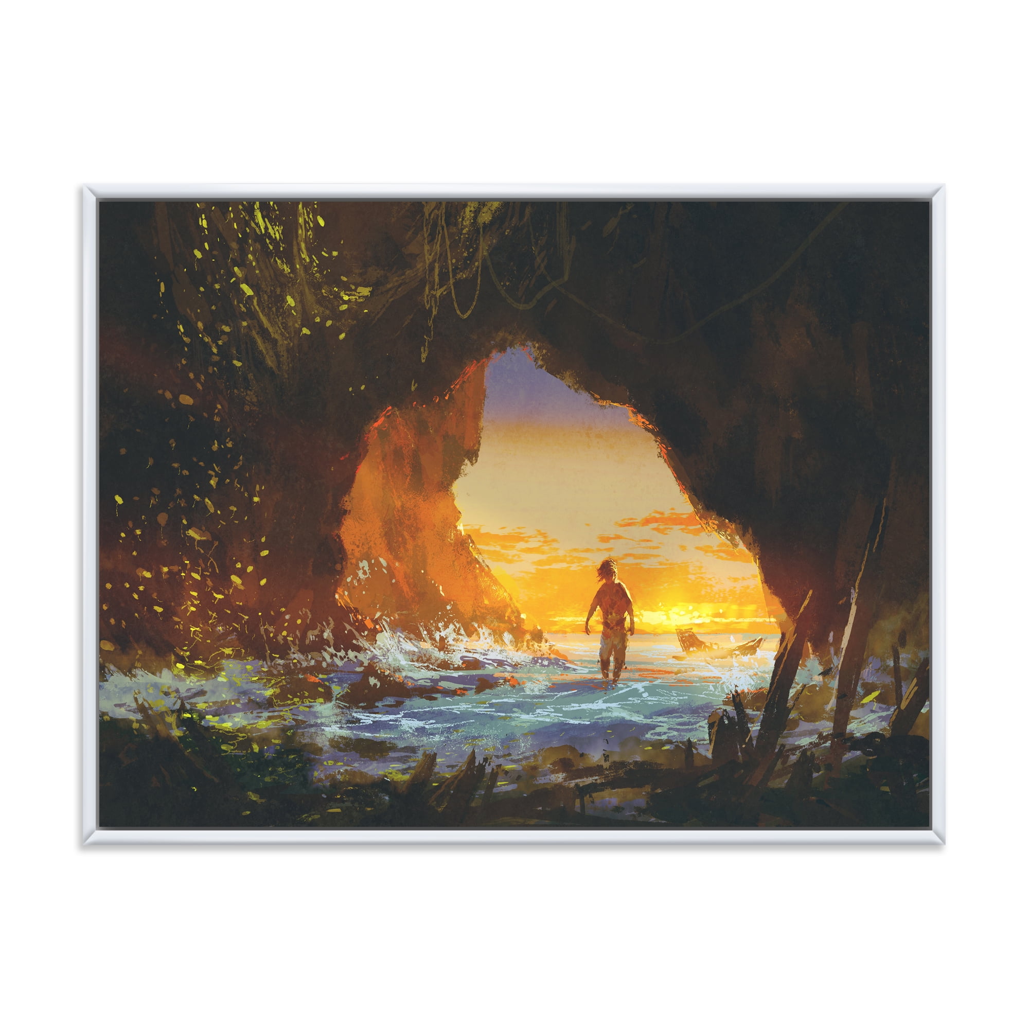 The Sea Cave At Sunset With The Man Walking In 32 in x 24 in Framed Painting Canvas Art Print, by Designart