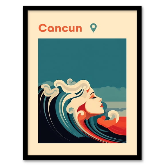 The Seaside Calls Cancun Beach Mexico Modern Woman of the Waves Sea Siren Ocean Artwork Framed Wall Art Print A4