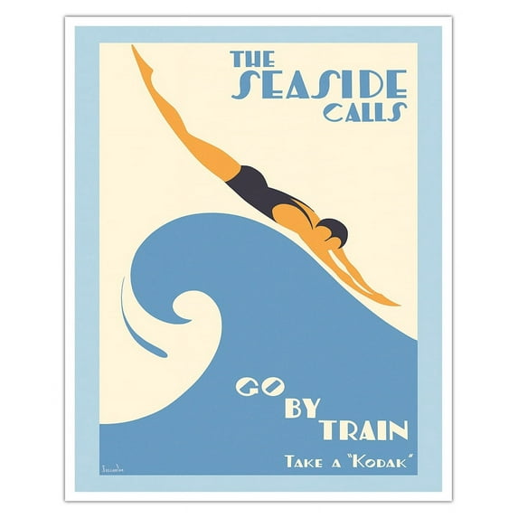 The Seaside Calls: Go by Train - Take a “Kodak” - Vintage Railroad Travel Poster by Gert Sellheim c.1938 - Fine Art Matte Paper Print (Unframed) 16x20in