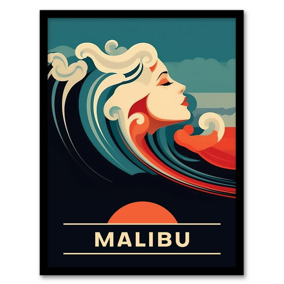 The Seaside Calls Malibu Beach California USA Sunset Woman of the Waves Sea Siren Ocean Artwork Framed Wall Art Print A4
