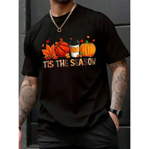 The Season Coffee Pumpkin Basketball Fall Leaf Graphic Crew Neck Short Sleeve T‑Shirt, Tops For Men