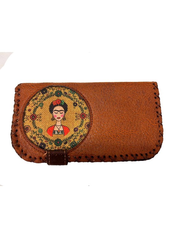 Handmade Womens Vegan Wallet Water-based Print Eco Friendly Faux Leather Wallet – Orange, Frida in Flowers