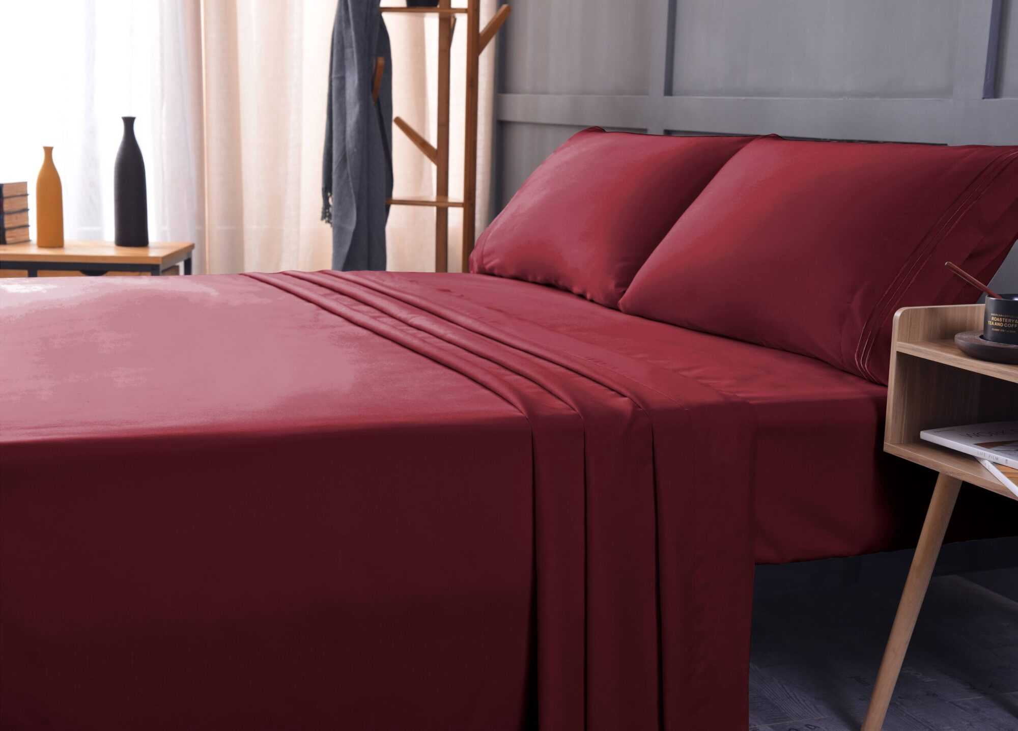 The Season Essentials Wrinkle Free Sheet Sets with Deep Pockets & Stain Resistant, 4 pc, 1800 Thread Count Bamboo Based, Burgundy, Full