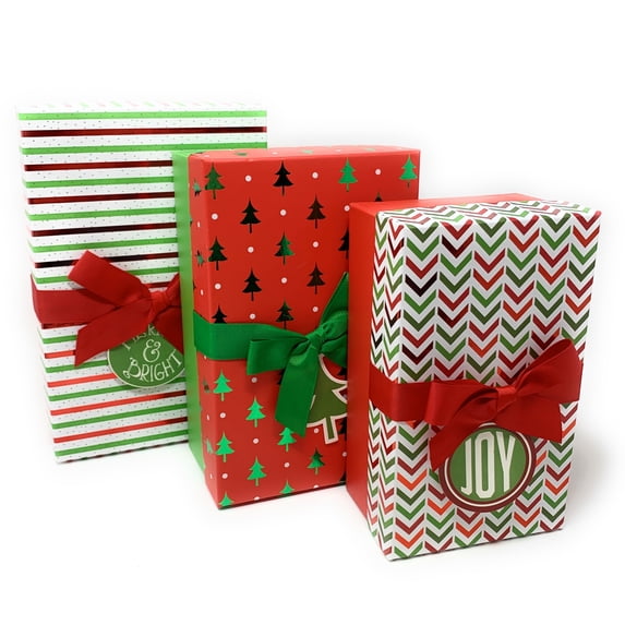 The Seasonal Shop 3 Christmas Gift Boxes Nesting Stacked Rectangle Boxes with Lids, Bows, and Holiday Tags in Assorted Sizes for Holiday Decoration or Decorative Present Wrapping (Striped)