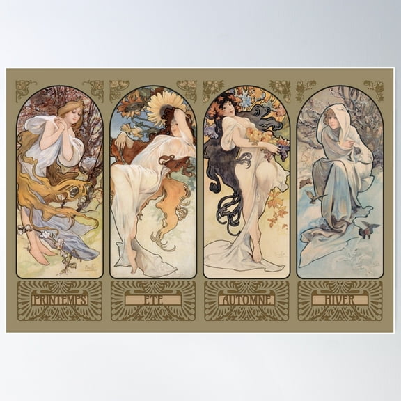 The Seasons With Border Alphonse Mucha 1897 (No Title) Poster Wall Art, Modern Wall Decor For Living Room Bedroom, 8x12 UNFRAMED