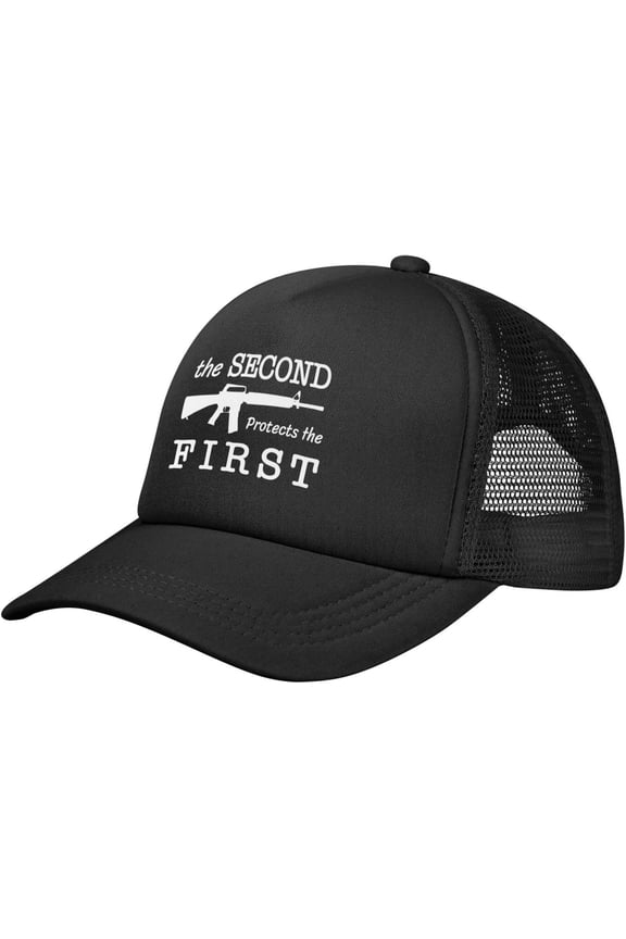 The Second Protects First Hat Trucker Hats Funny Mesh Baseball Cap Women Men Summer Hiking Travel Outdoor Black