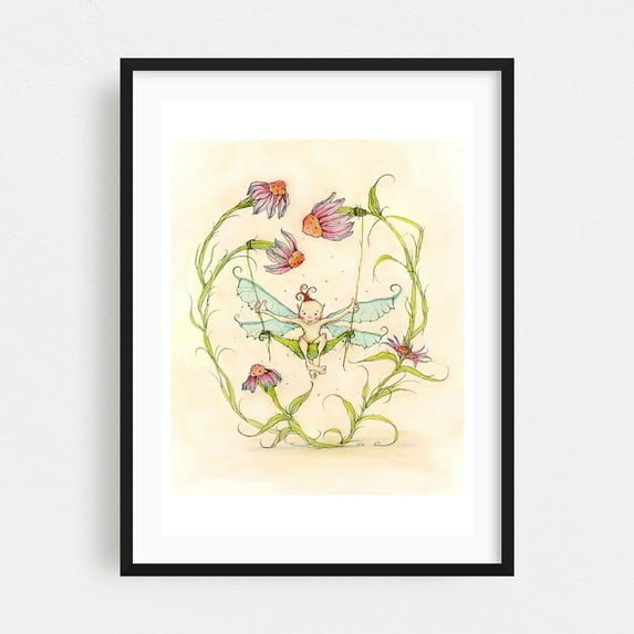 The Secret Swing - Illustration Whimsical Fantasy Watercolor Floral Mystical Black Framed Wall Art Print 5 x 7 inches