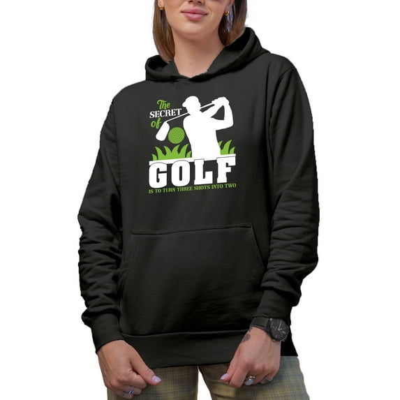 The Secret of Golf Quote with a Swinging Golf Player, Golfing or Golfer Themed Merch Gift, Black Hooded Sweatshirt or Hoodie, Small