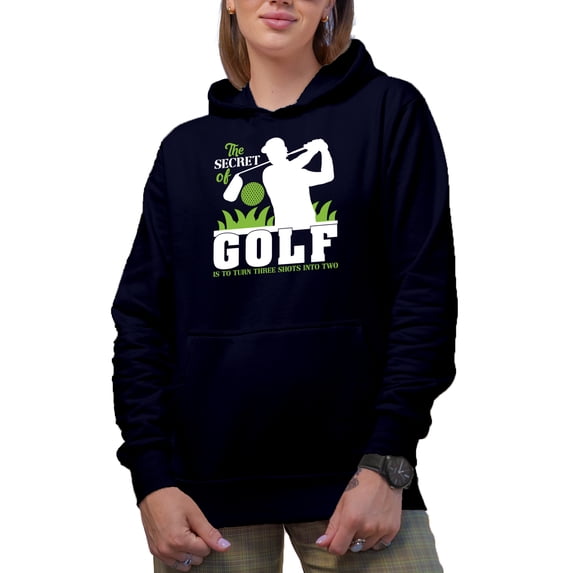 The Secret of Golf Quote with a Swinging Golf Player, Golfing or Golfer Themed Merch Gift, Navy Blue Hooded Sweatshirt or Hoodie, 2XL