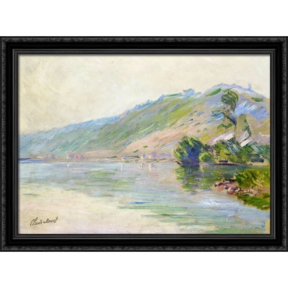 The Seine at Port-Villes, Clear Weather 36x28 Large Black Ornate Wood Framed Canvas Art by Claude Monet