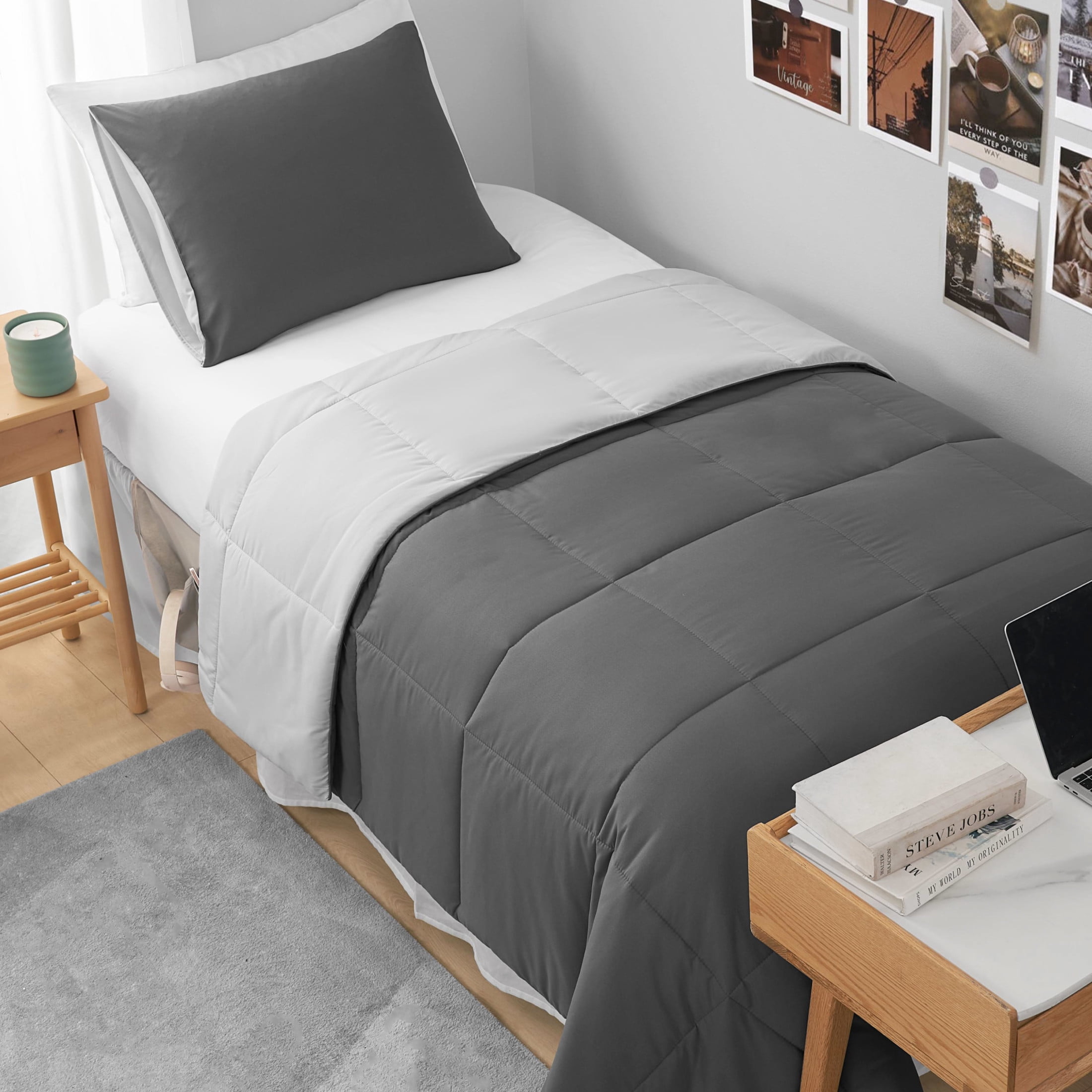 The Sheet Lab Reversible Box Stitch Comforter Set, 2-Piece Twin/Twin XL – Dark Grey/Light Grey