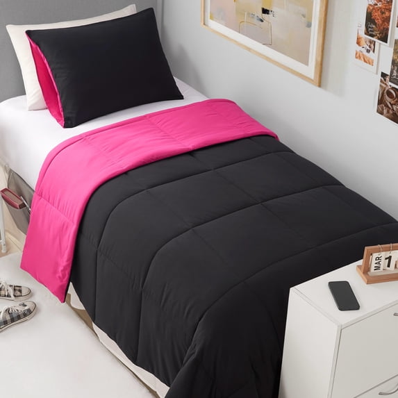 The Sheet Lab Reversible Box Stitch Comforter Set, 2-Piece Twin/Twin XL – Hot Pink/Black