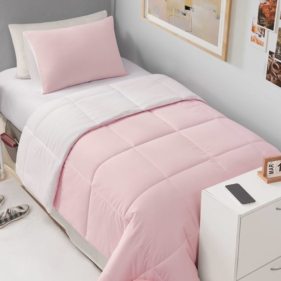 The Sheet Lab Reversible Box Stitch Comforter Set, 2-Piece Twin/Twin XL – Light Pink/White