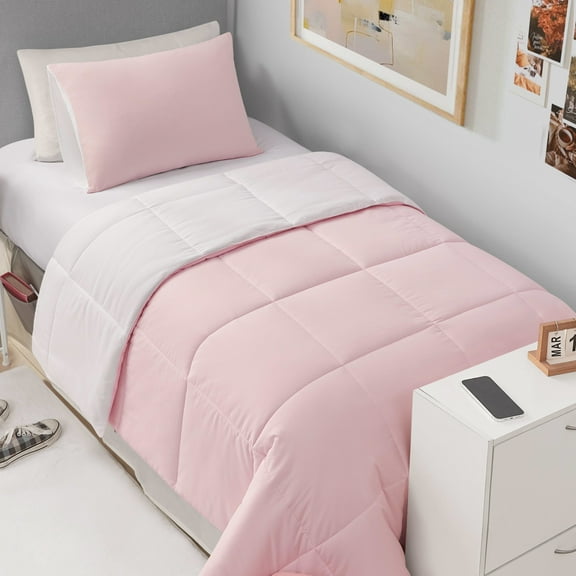 The Sheet Lab Reversible Box Stitch Comforter Set, 3-Piece Full/Queen – Light Pink/White