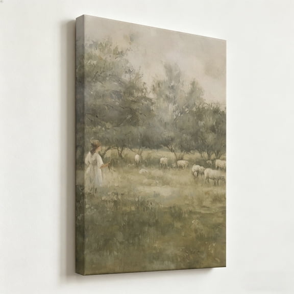 "The Shepherdess Meadow" Classical Impressionist Canvas Art, Vintage Countryside Girl and Sheep Print, Matte Finish Gallery Wrapped Pastoral Landscape Wall Decor 8*12