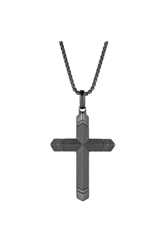 Ebony Wood Cross Pendant Necklace for Men in Stainless Steel with Black Ion Plating 24 Inches Long Box Chain