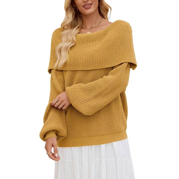 The Shoulder Sweater for Women Fall Winter Oversized Pullover Lantern Long Sleeve Soft Knit Sweater Top Dark Yellow L