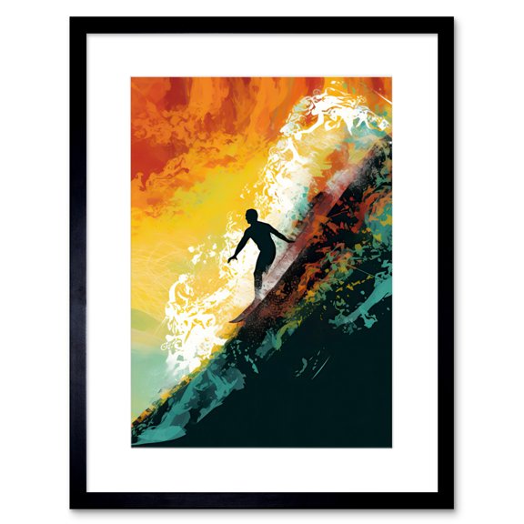 The Silhouette of a Surfer Riding a Big Wave Artwork Framed Wall Art Print 9X7 Inch