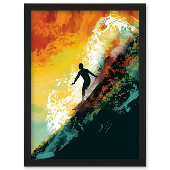 The Silhouette of a Surfer Riding a Big Wave Artwork Framed Wall Art Print A4