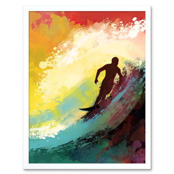 The Silhouette of a Surfer Surfing on a Big Wave Art Print Framed Poster Wall Decor 12x16 inch