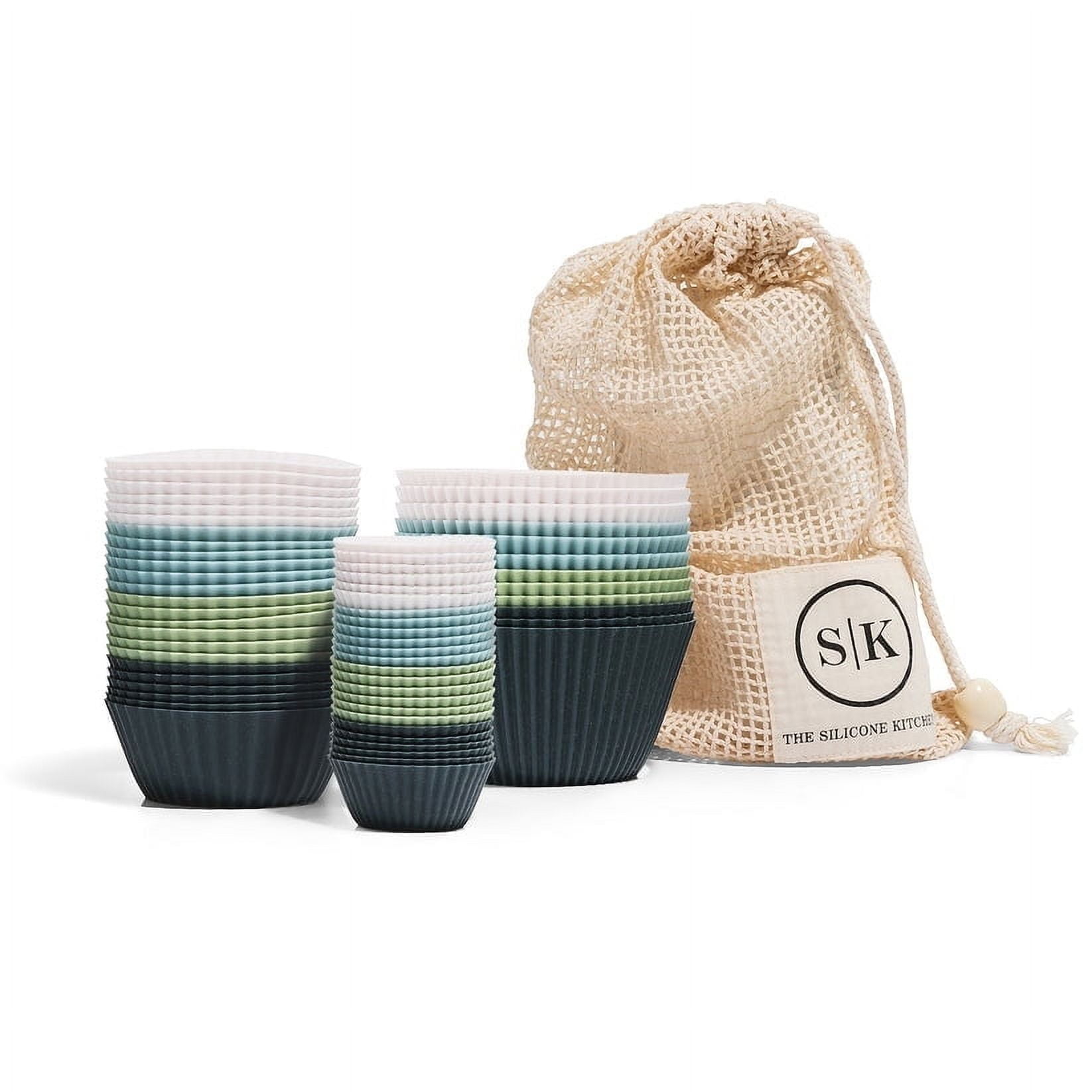 The Silicone Kitchen Reusable Silicone Baking Cups Gift Set Bundle, 24 Regular Baking Cups, 12 Jumbo Baking Cups, 24 Mini Baking Cups, Blue, Green, White