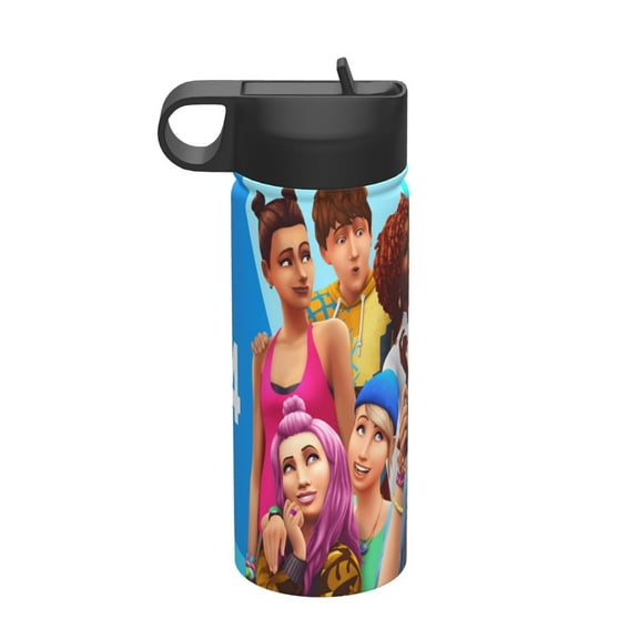 The Sim Kids Insulated Water Bottle With Straw - 18 Oz Stainless Steel Double Wall Vacuum Cup, Leakproof, Bpa Free, Suitable For Boys And Girls