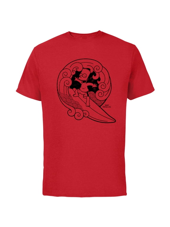 Bart Surfing Japanese Woodblock - Short Sleeve Cotton T-Shirt for Adults - Customized-Red