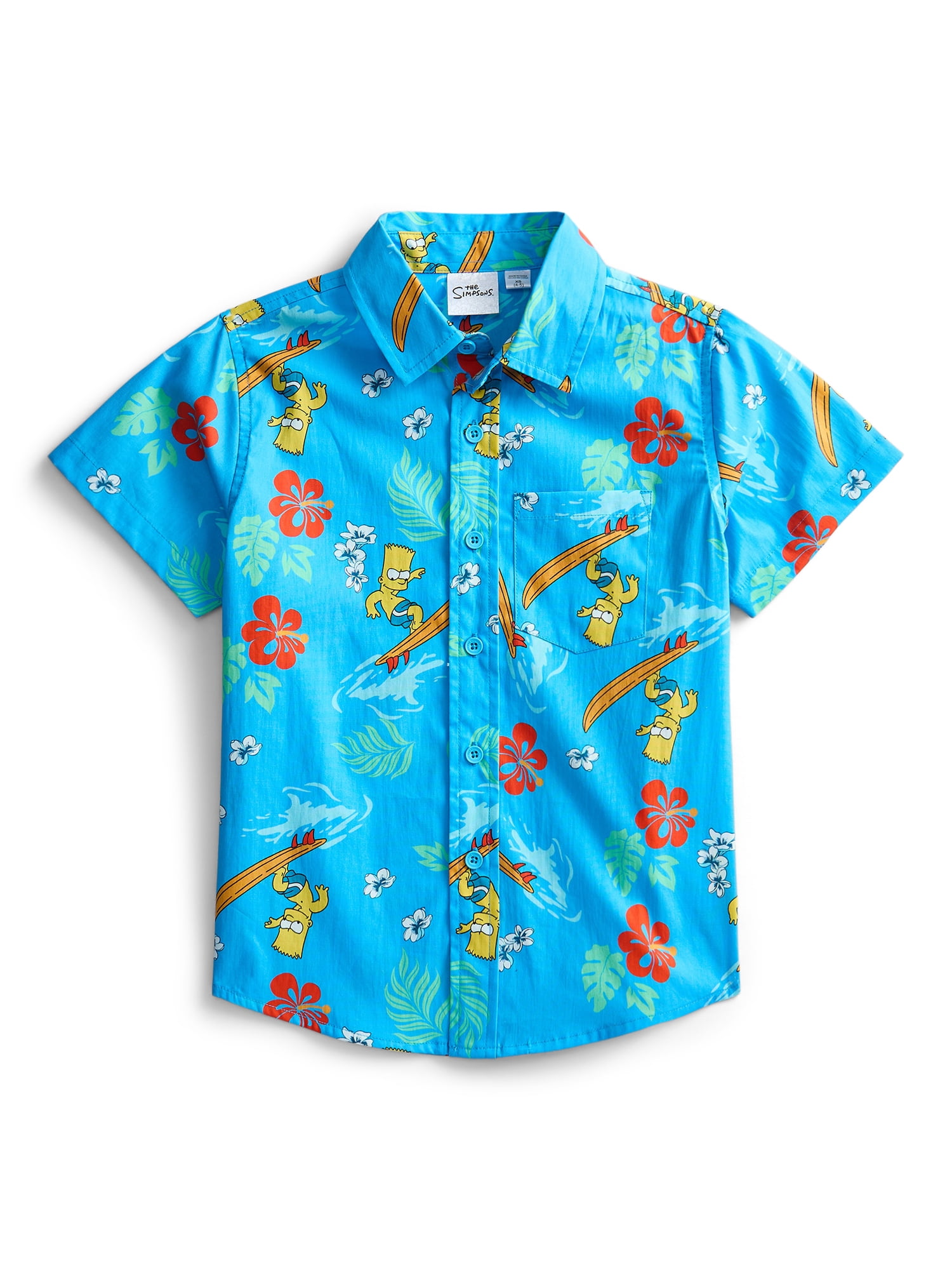 The Simpsons Boys Graphic Button Up Resort Shirt with Short Sleeves, Sizes 4-18